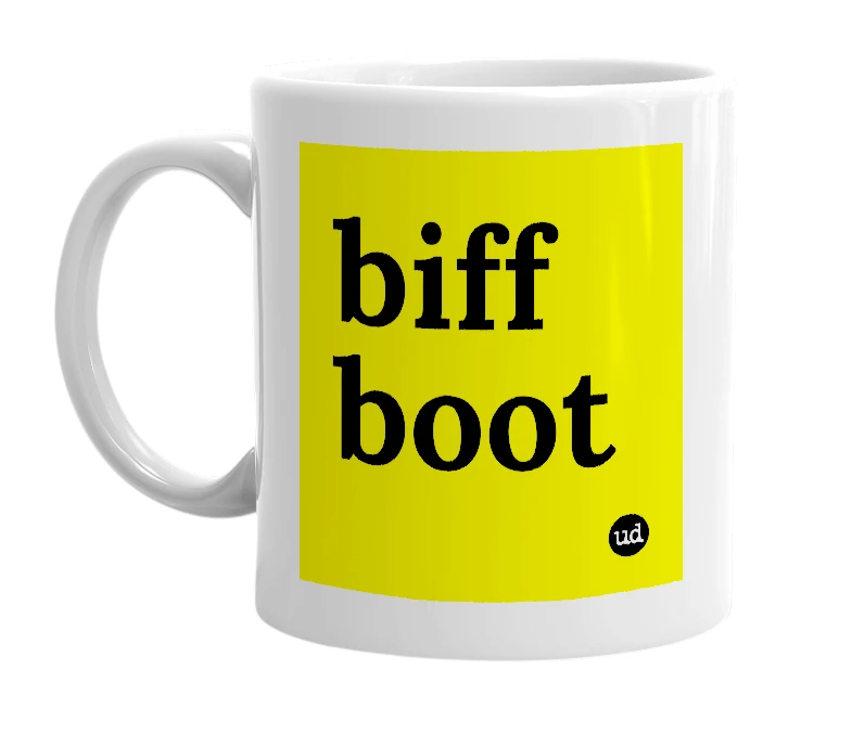 White mug with 'biff boot' in bold black letters