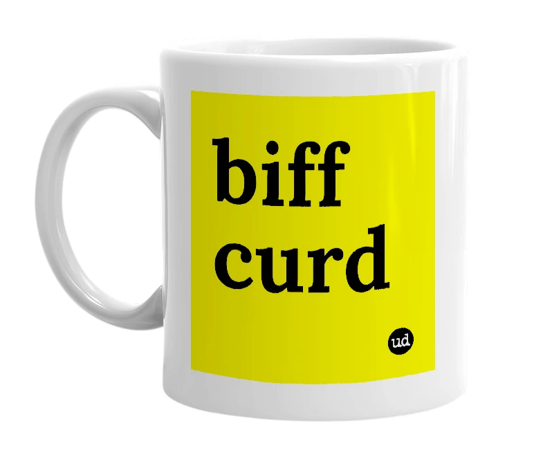 White mug with 'biff curd' in bold black letters
