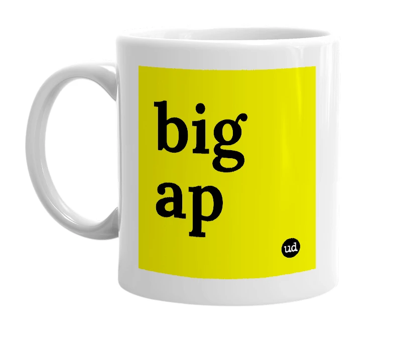 White mug with 'big ap' in bold black letters