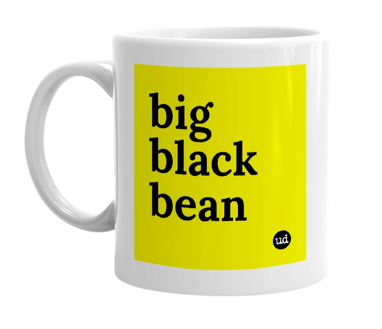 White mug with 'big black bean' in bold black letters