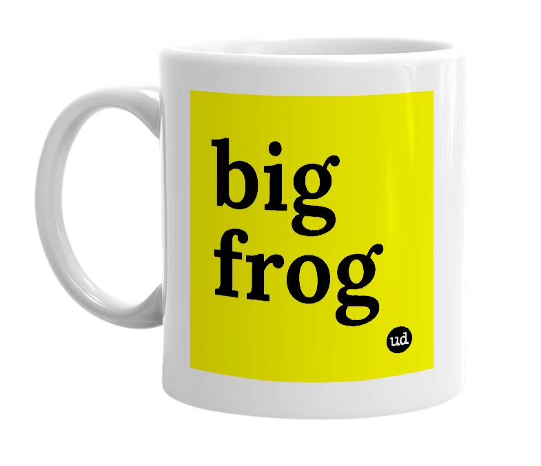 White mug with 'big frog' in bold black letters