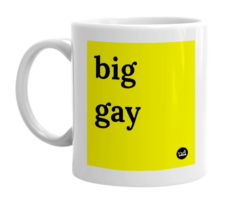 White mug with 'big gay' in bold black letters