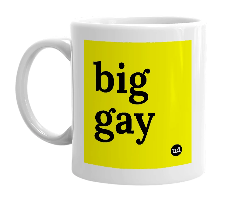 White mug with 'big gay' in bold black letters