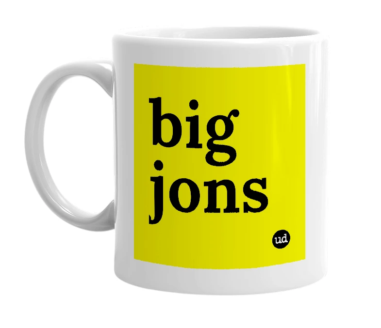 White mug with 'big jons' in bold black letters