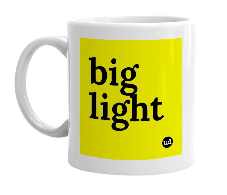 White mug with 'big light' in bold black letters