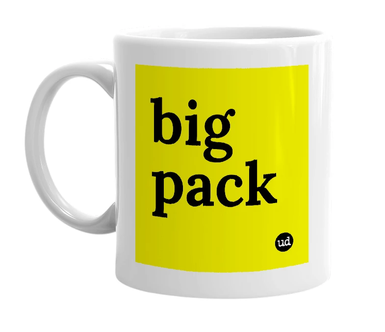 White mug with 'big pack' in bold black letters