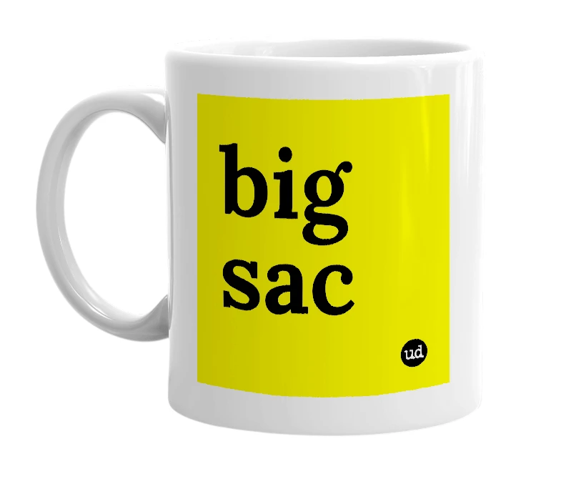 White mug with 'big sac' in bold black letters