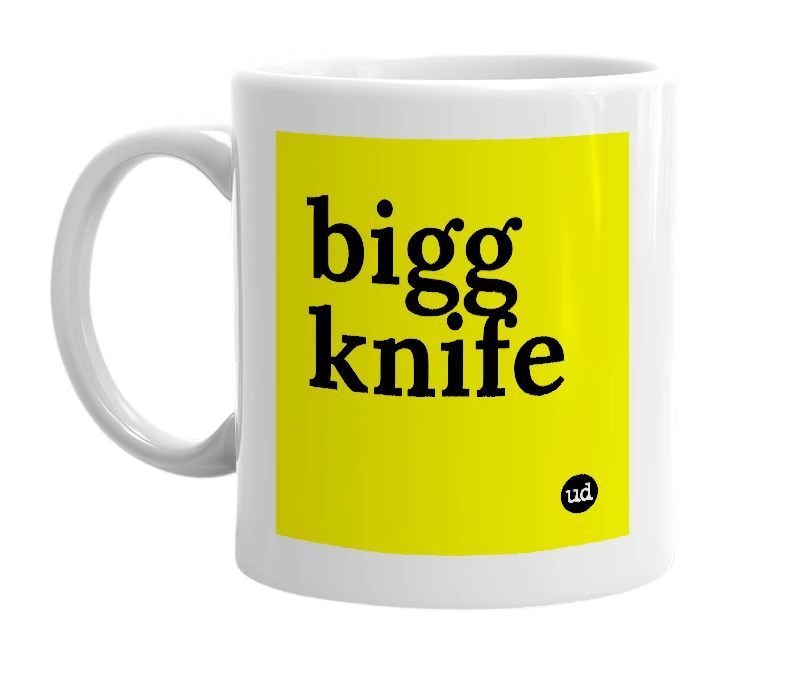 White mug with 'bigg knife' in bold black letters