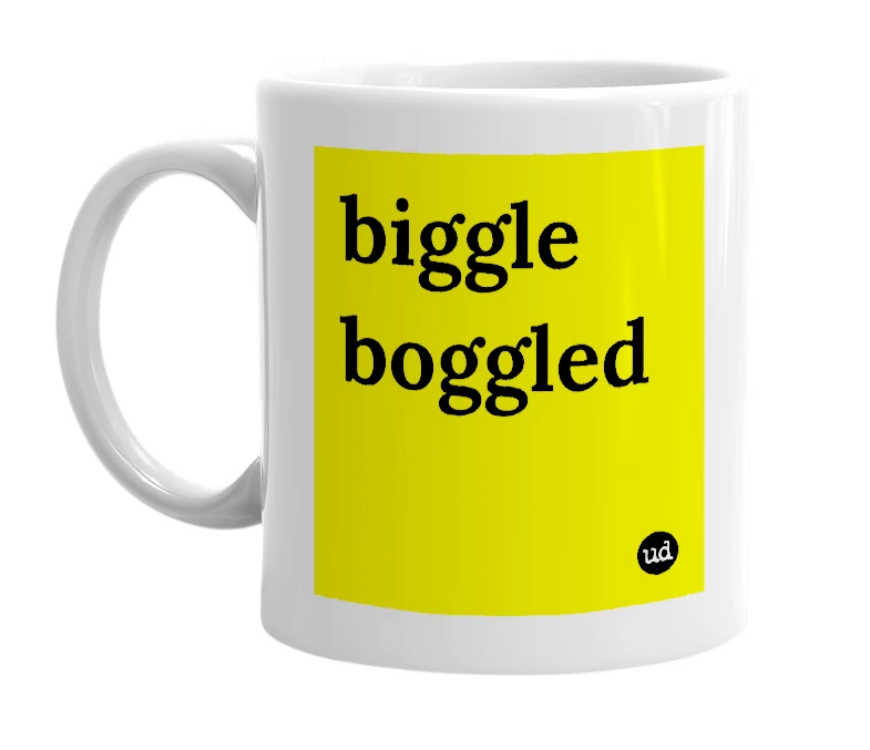 White mug with 'biggle boggled' in bold black letters