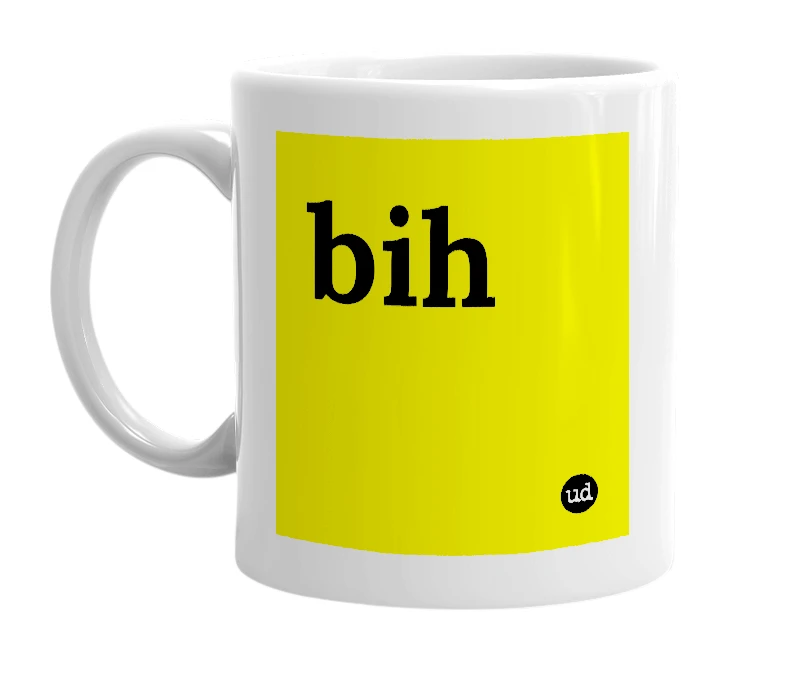 White mug with 'bih' in bold black letters