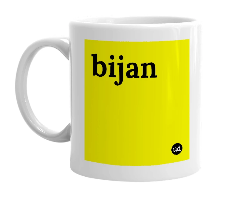 White mug with 'bijan' in bold black letters