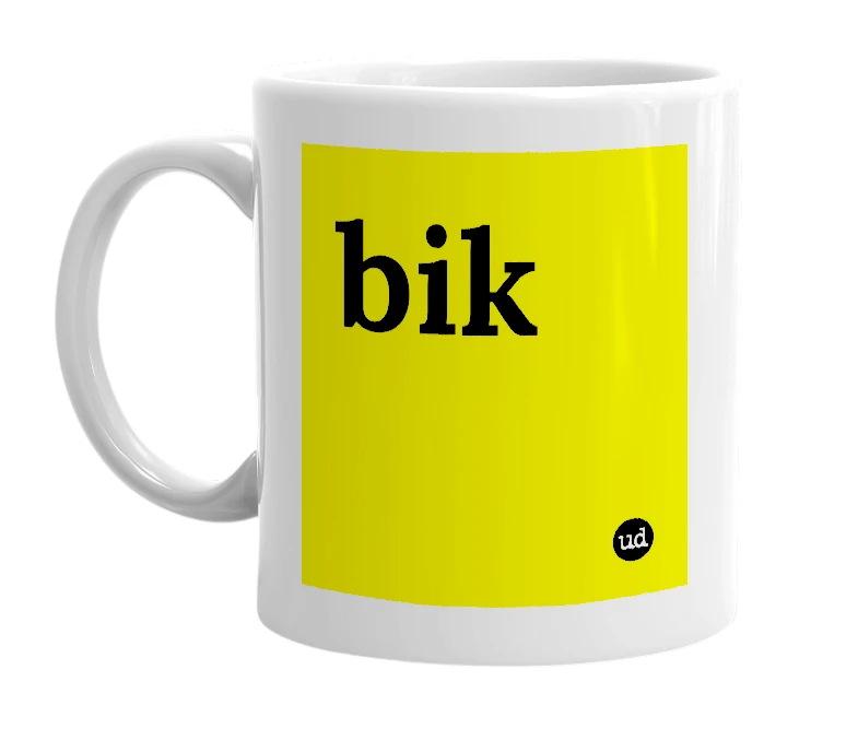 White mug with 'bik' in bold black letters