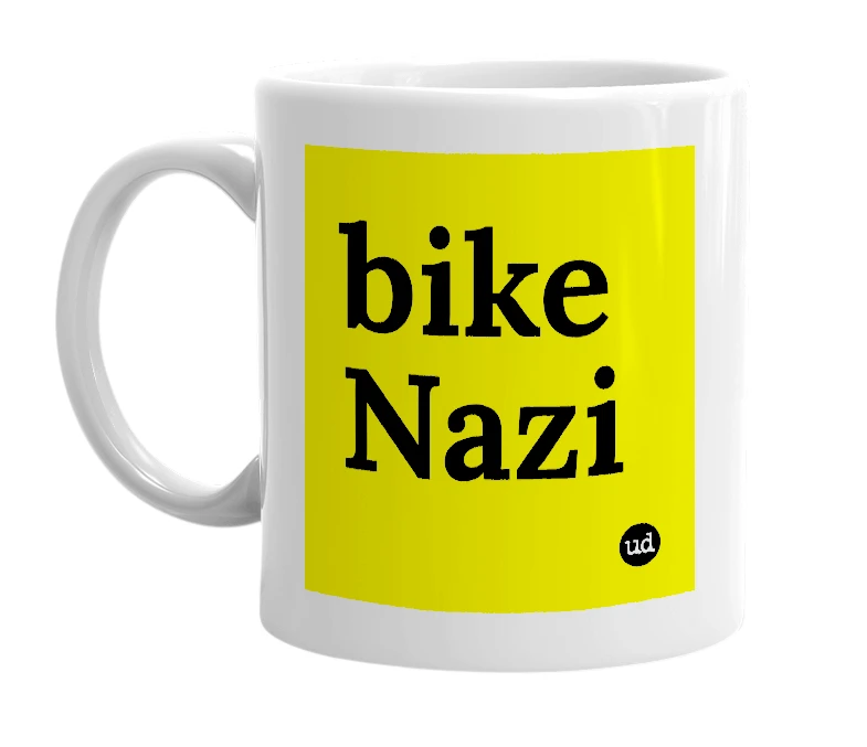 White mug with 'bike Nazi' in bold black letters