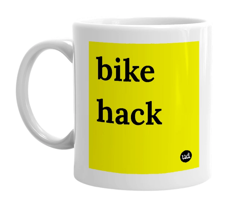 White mug with 'bike hack' in bold black letters