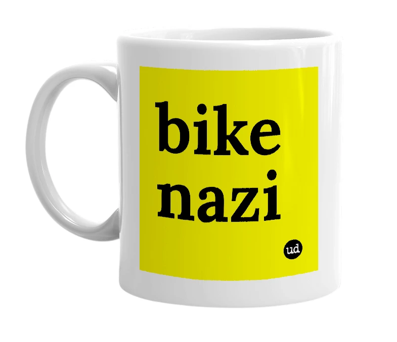 White mug with 'bike nazi' in bold black letters