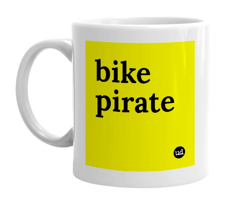 White mug with 'bike pirate' in bold black letters