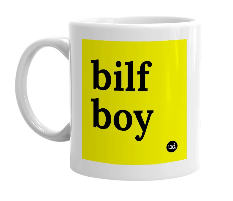 White mug with 'bilf boy' in bold black letters