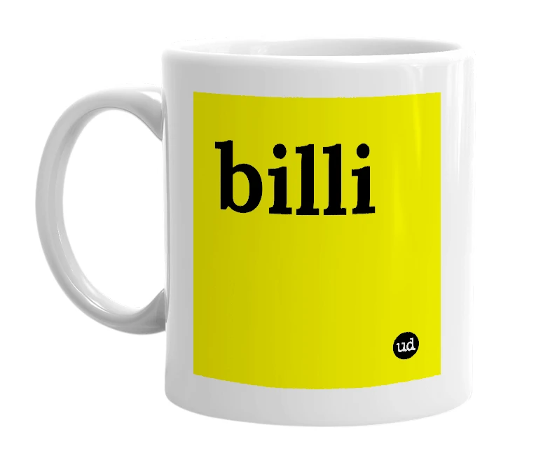 White mug with 'billi' in bold black letters