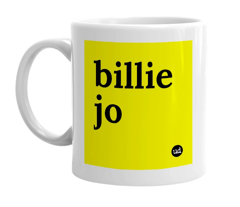 White mug with 'billie jo' in bold black letters