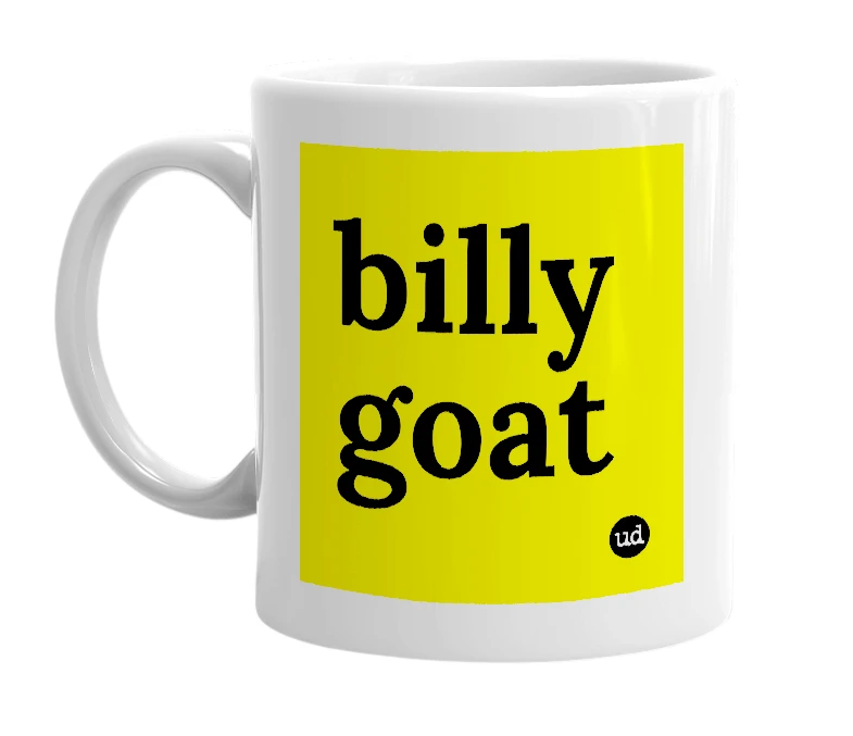 White mug with 'billy goat' in bold black letters