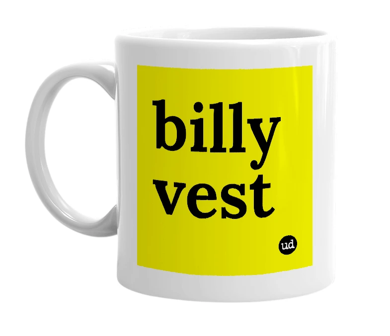 White mug with 'billy vest' in bold black letters