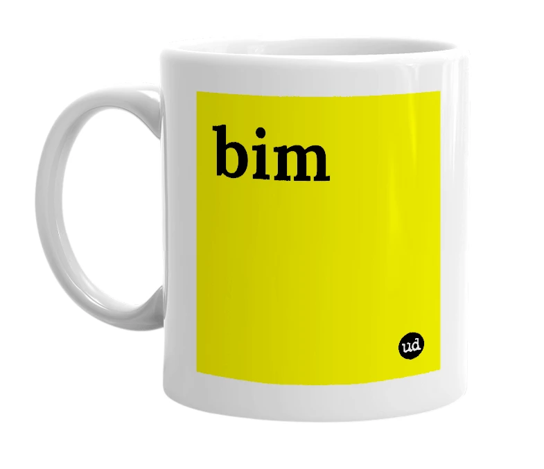 White mug with 'bim' in bold black letters