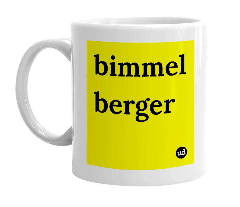 White mug with 'bimmel berger' in bold black letters