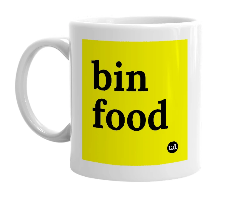 White mug with 'bin food' in bold black letters