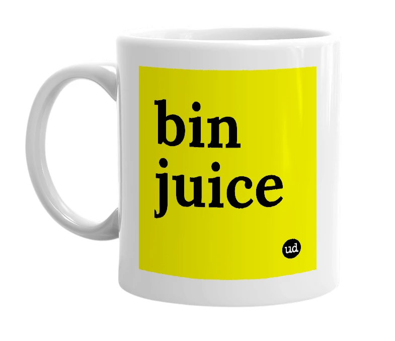 White mug with 'bin juice' in bold black letters