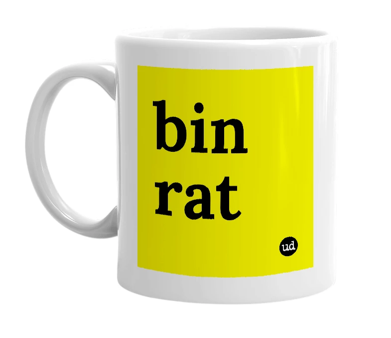 White mug with 'bin rat' in bold black letters
