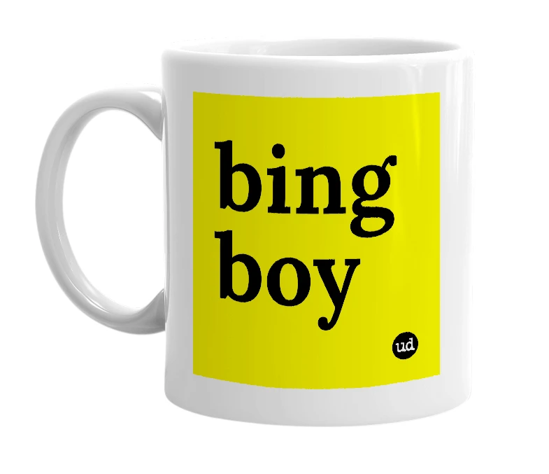 White mug with 'bing boy' in bold black letters