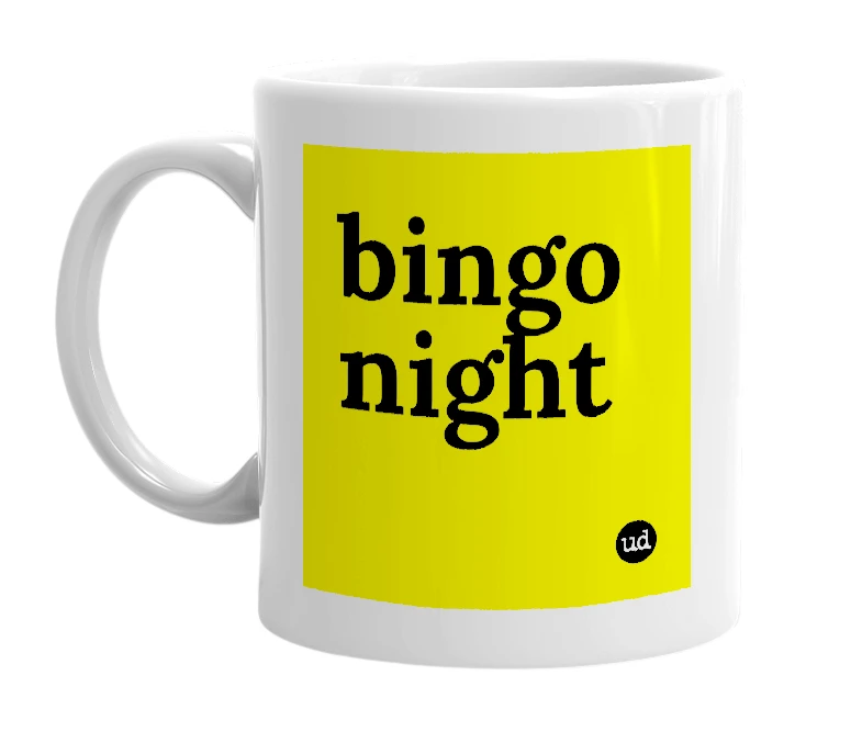 White mug with 'bingo night' in bold black letters