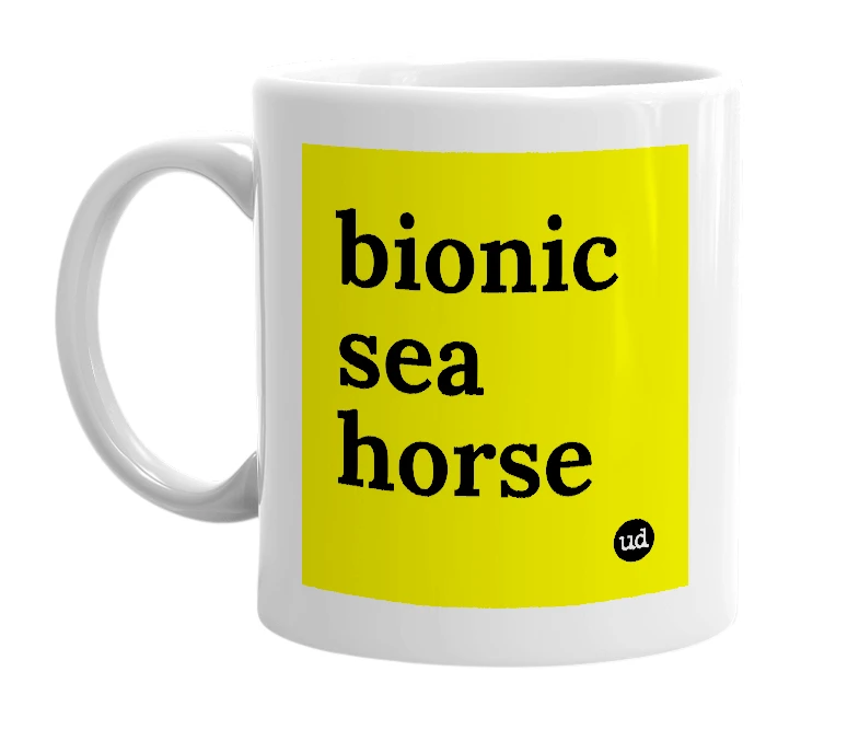 White mug with 'bionic sea horse' in bold black letters