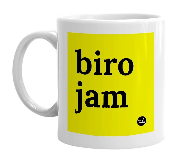 White mug with 'biro jam' in bold black letters