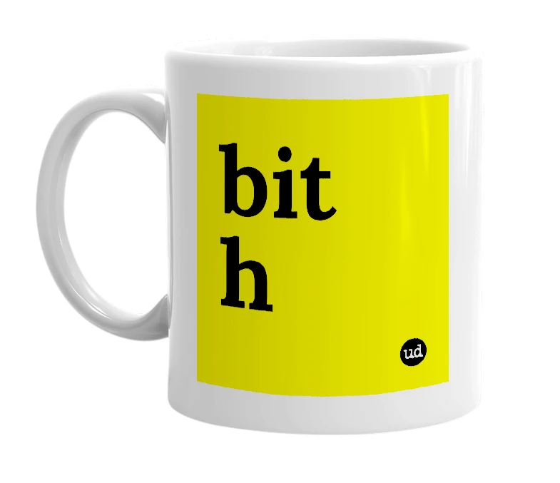 White mug with 'bit h' in bold black letters