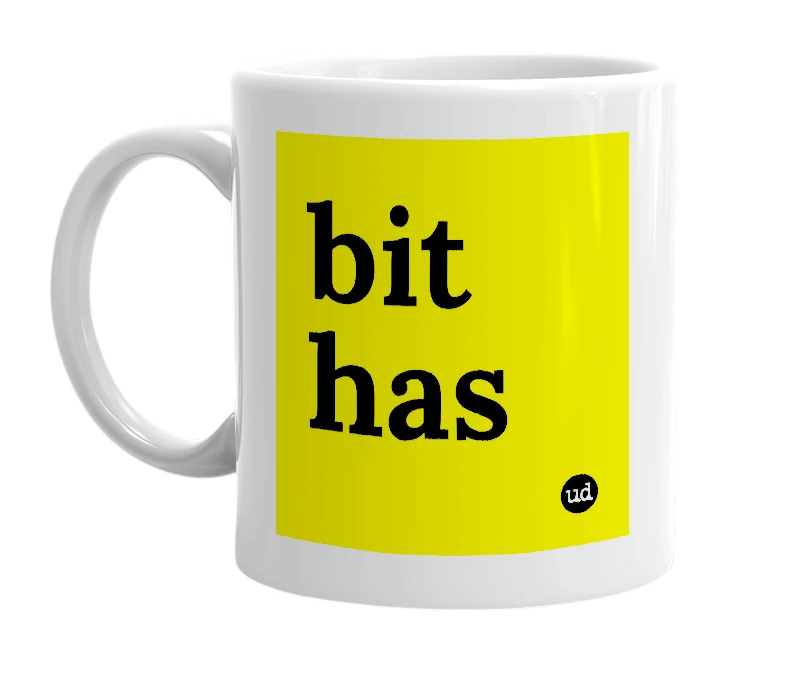 White mug with 'bit has' in bold black letters