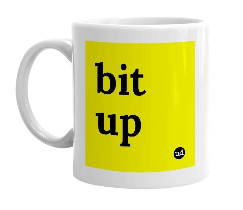 White mug with 'bit up' in bold black letters