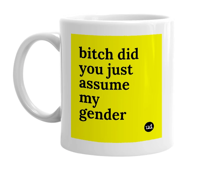 White mug with 'bitch did you just assume my gender' in bold black letters