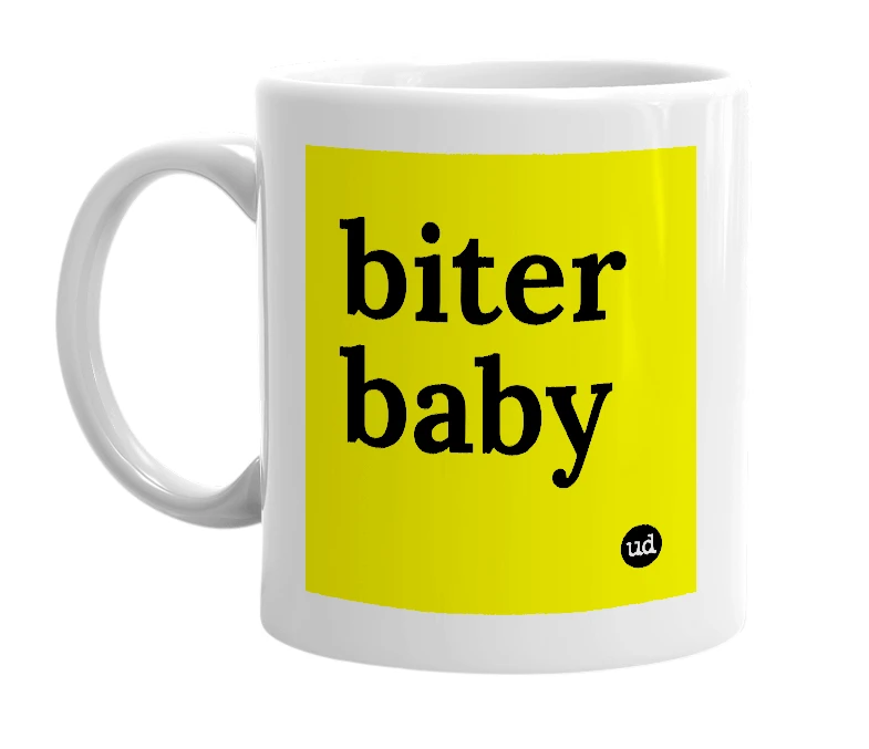 White mug with 'biter baby' in bold black letters