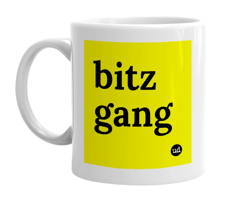 White mug with 'bitz gang' in bold black letters