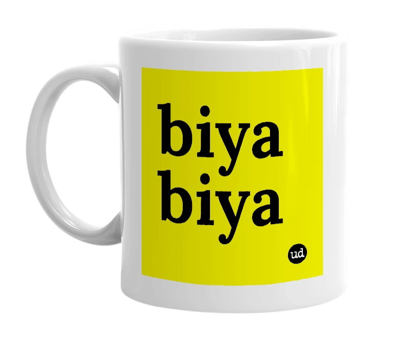 White mug with 'biya biya' in bold black letters