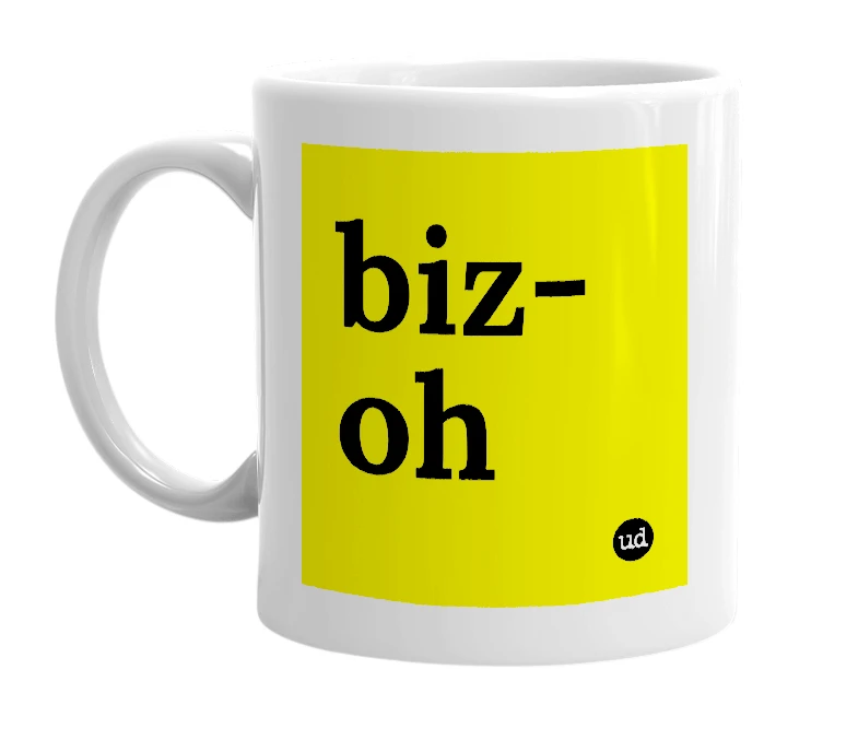 White mug with 'biz-oh' in bold black letters