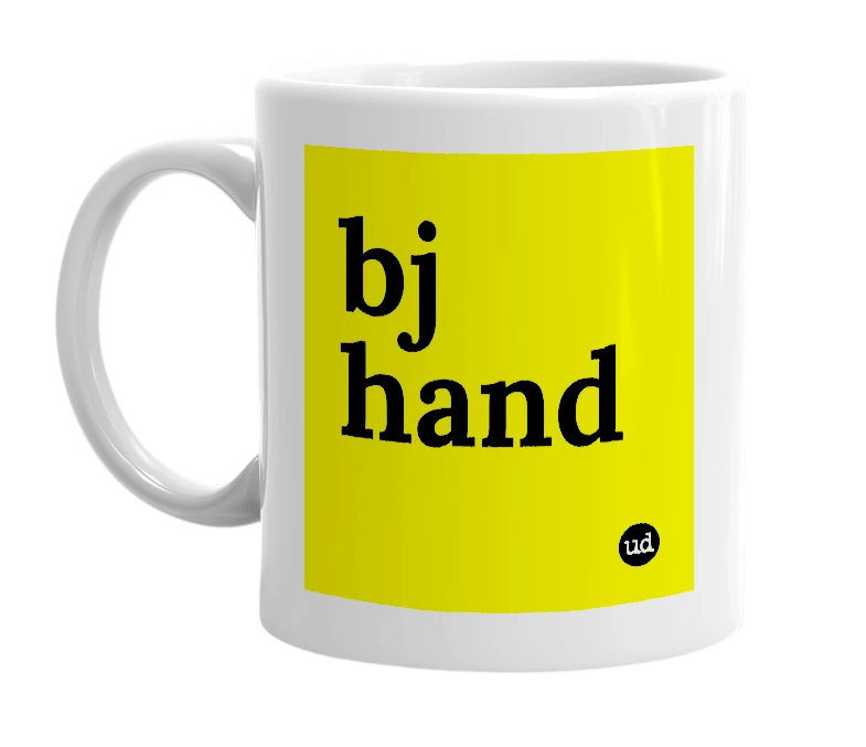 White mug with 'bj hand' in bold black letters
