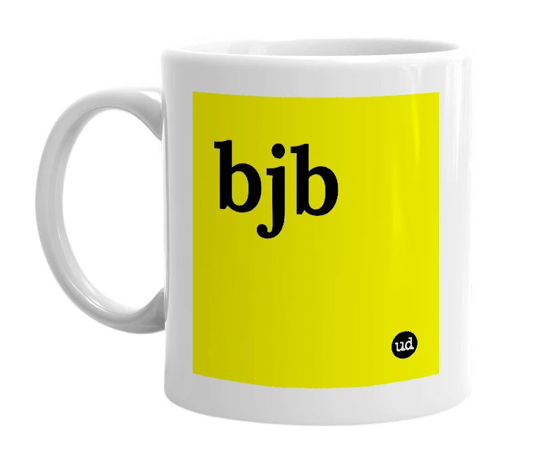 White mug with 'bjb' in bold black letters