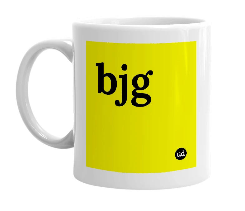 White mug with 'bjg' in bold black letters