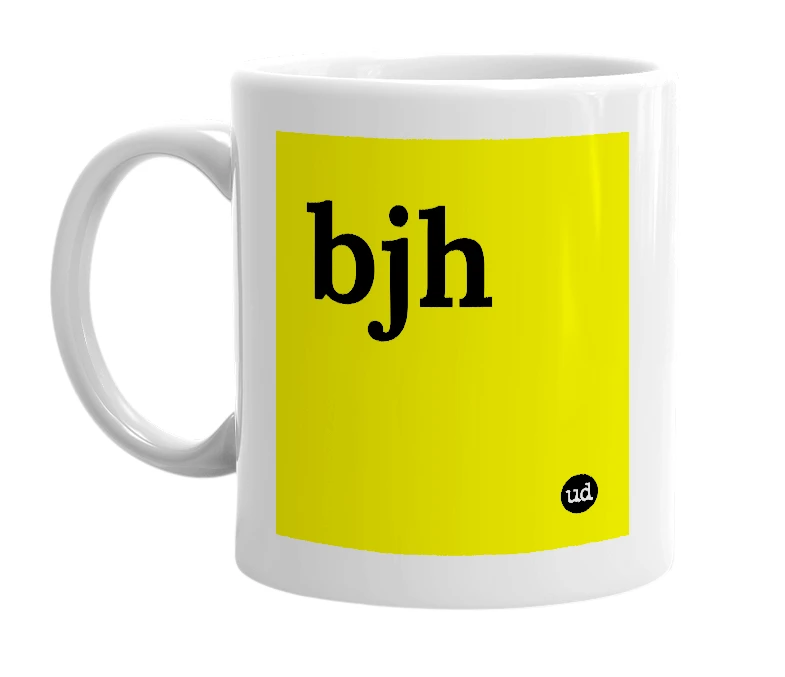 White mug with 'bjh' in bold black letters