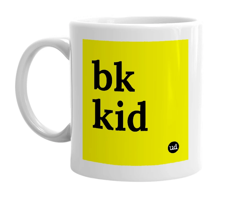 White mug with 'bk kid' in bold black letters