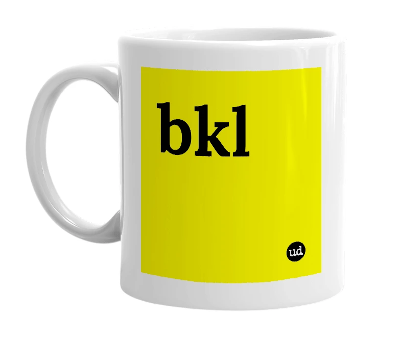 White mug with 'bkl' in bold black letters