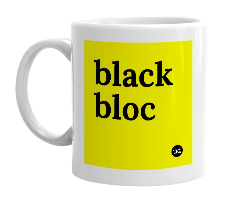 White mug with 'black bloc' in bold black letters