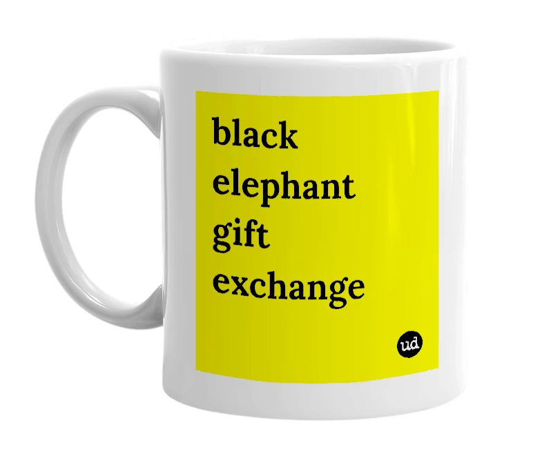 White mug with 'black elephant gift exchange' in bold black letters